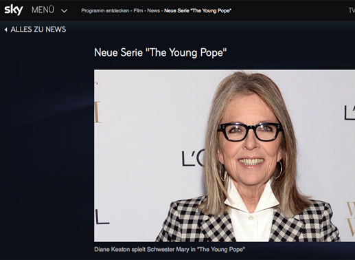 Oscar-Preisträgerin Diane Keaton vor dem Drehstart zur neuen Serie „The Young Pope“. Bild: Sender
