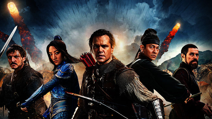 Pero Tovar (Pedro Pascal), Lin Mae (Jing Tian), William Garin (Matt Damon), Stratege Wang (Andy Lau) und Sir Ballard (Willem Dafoe).  Bild: Sender / TVNOW / 2016 Legendary Pictures and Monolith Productions US, LLC.